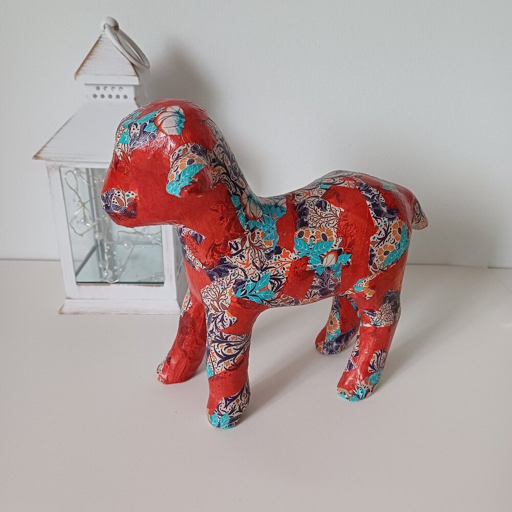 Paper Mache Decoupage Baby Sheep Handmade Figurine Home Decor